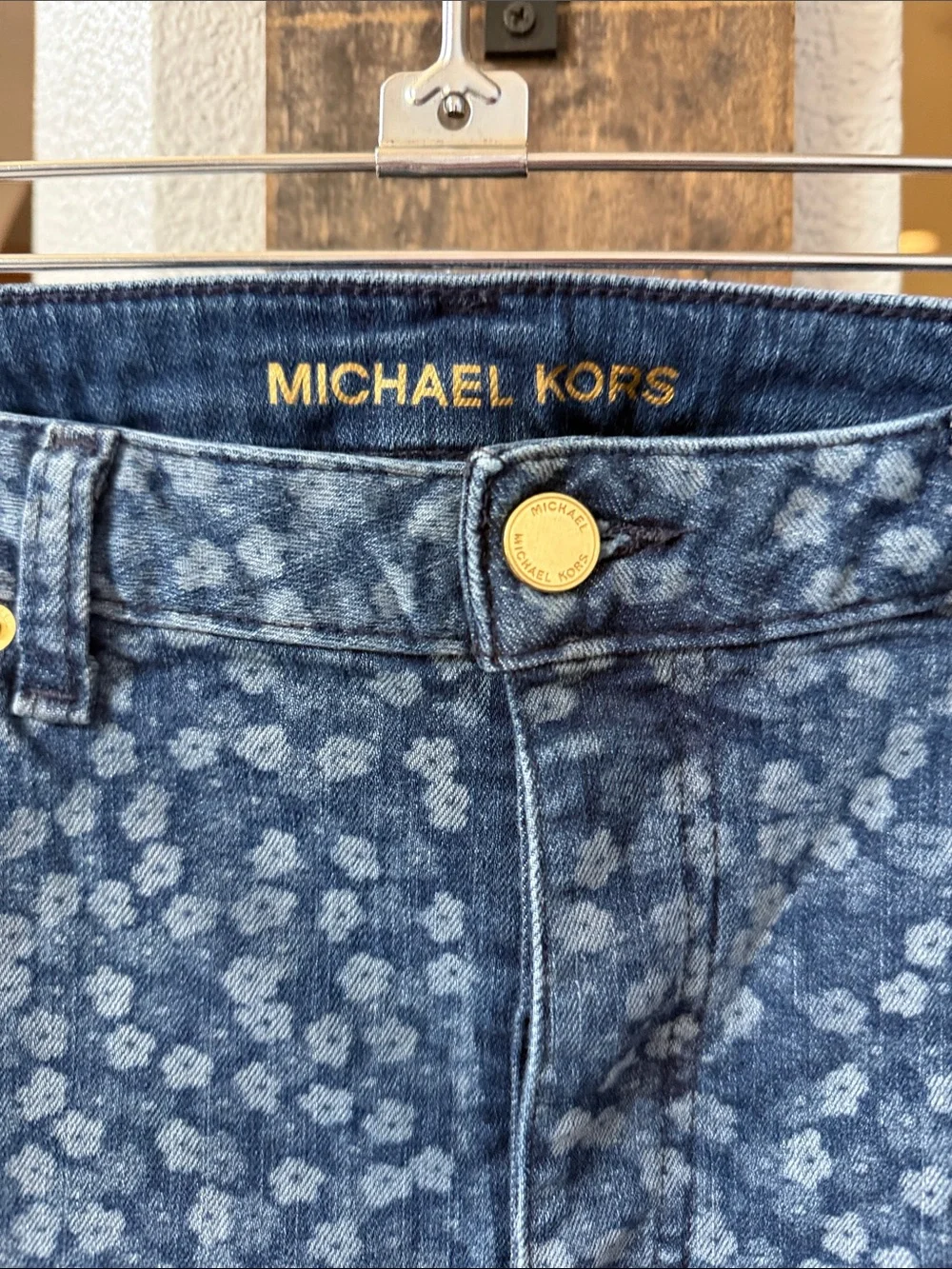 Michael Kors Blue Floral Print Wide-Leg Flare Capri Jeans